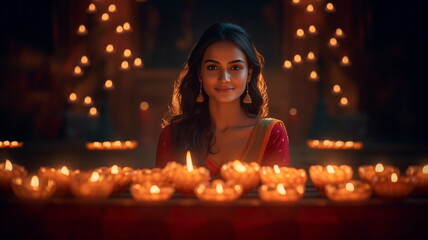 Obraz na płótnie Canvas Young woman placing diyas on terrace on occasion of Happy Diwali, oil lamp light, lit on colorful rangoli during diwali celebration. Hindu festival of lights celebration