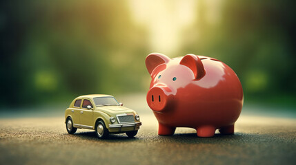 Car and piggy bank budget. Financing, auto tax, insurance and car loans, savings concept - obrazy, fototapety, plakaty