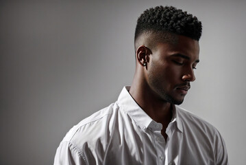 Confidence and Style: Portrait of a Stylish Afro-American Guy with Short Hair in a White Shirt