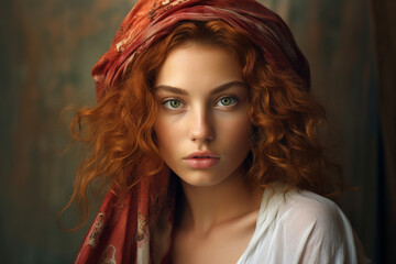 Fototapeta premium Beautiful young redhead woman with headscarf vintage style AI generated image