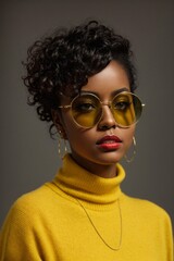 Stylish young Afro-American woman in a yellow sweater and round sunglasses