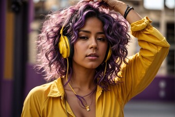 Happy Woman with Purple Hair in Headphones against City Background