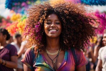 Joy of Colors: Happy Afro-American Woman at Holi Festival, Close-up Portrait - obrazy, fototapety, plakaty