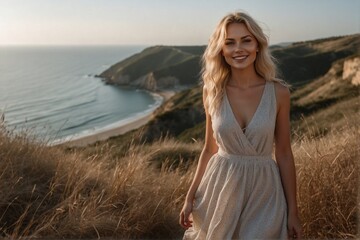 Fototapeta na wymiar A happy and stylish beautiful young woman with blonde hair in a revealing beautiful dress on top of a hill with a panoramic view of the sea.