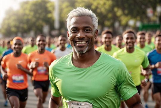 Happy Runner: Young Afro-American Athlete Participating in Urban Mass Run