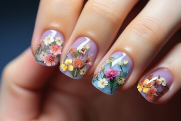 Close-up of a beautiful nail art, trendy floral manicure