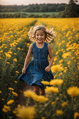 Happy Little Girl with Yellow Daisies Running in the Field