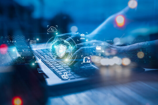 Businessmen using laptops, and show digital padlocks with data protection, user's personal information security, User privacy security and encryption, Cybersecurity network Data protection concept.