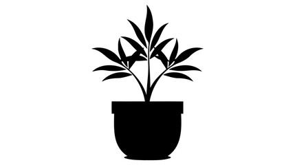 Flower, plant with leaves in pot. Black flowerpot icon on white background