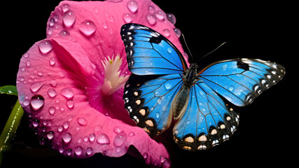 Blue Butterfly on a pink flower with water drops on black background