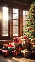 A room filled with lots of Christmas gifts, next to the Christmas tree, in Santa's log house, illuminated by the shine of sunlight.