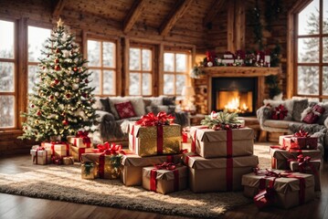 A room filled with lots of Christmas gifts, next to the Christmas tree, in Santa's log house, illuminated by the shine of sunlight.