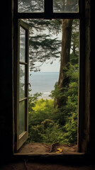 Fototapeta premium Open big window with a direct view into the forrest and the ocean. Ai generated.