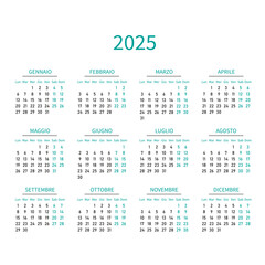 Calendar 2025 in italian language. Week start on Monday. Vector graphic.