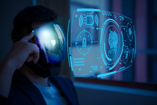 person use VR technology to research and manage data about medications science to analyze knowledge of anatomy and brains 