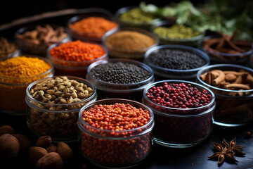 A diverse collection of seeds and spices beautifully captured in a product photography setting. Ai generated