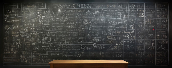 blackboard background and Maths formulas written by white chalk , 
an image with a blackboard background and mathematical equations written on it , 
a realistic texture and color resembling classroom
