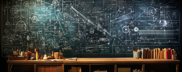 blackboard background and Maths formulas written by white chalk , 
an image with a blackboard background and mathematical equations written on it , 
a realistic texture and color resembling classroom - obrazy, fototapety, plakaty