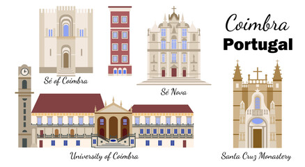 Set with the Sights of Coimbra University Campus in Portugal. Architectural sights and symbols of Coimbra, flat-style illustration, for banners, souvenir cards, printing on mugs and plates.