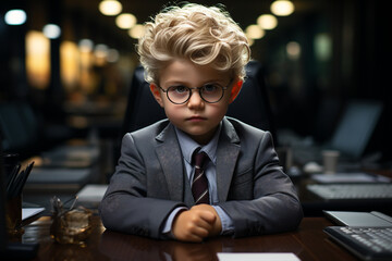 A humorous scene featuring a child in a business suit, navigating an adult office environment. Ai generated - 668772765