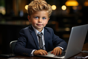 A humorous scene featuring a child in a business suit, navigating an adult office environment. Ai generated
