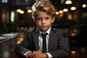 A humorous scene featuring a child in a business suit, navigating an adult office environment. Ai generated