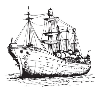 Retro ship sketch hand drawn engraving style illustration