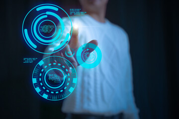 person use VR technology to research and manage data about medications science to analyze knowledge of anatomy and brains with AI