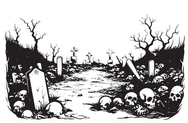 Retro cemetery sketch hand drawn Vector Halloween Horror
