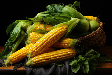 Vibrant product photography showcasing fresh uncooked corn with lush green leaves. Ai generated