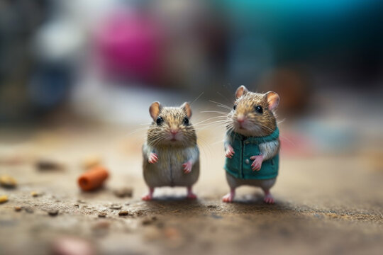 Two cute little mice on a wooden background. Happy Easter concept.