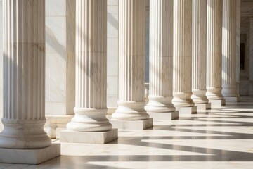 Stone columns colonnade and marble floor detail. Classical pillars row, building entrance