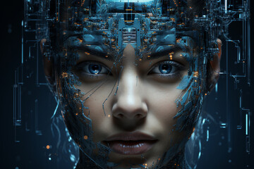 A futuristic metaverse concept merging female faces with AI robotics for a new reality. Ai generated