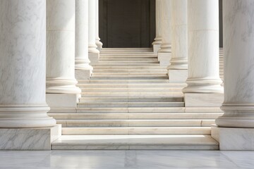 Stone columns colonnade and marble stairs detail. Classical pillars row, building entrance