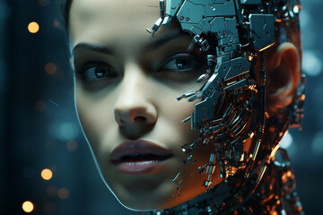 A futuristic metaverse concept merging female faces with AI robotics for a new reality. Ai generated