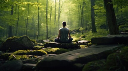 Person in peaceful meditation on moss-covered rocks in a lush green forest.