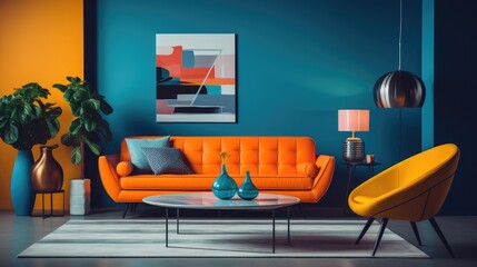 Modern living room with vibrant orange sofa, abstract wall art, and contrasting blue and yellow decor.