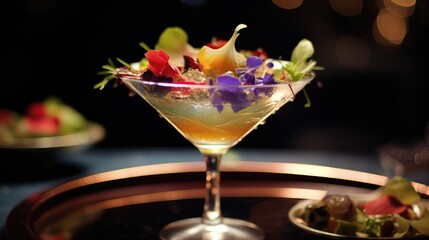 Elegant cocktail adorned with vibrant edible flowers, served in a classic martini glass, with a blurred luxurious background.