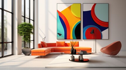 Spacious room with large windows, an orange sectional sofa, and colorful abstract art.