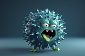 Cute blue virus character. 3d render illustration on blue background