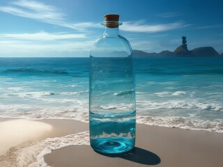 botella de agua en  la playa - obrazy, fototapety, plakaty