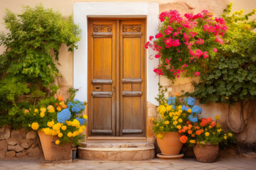 Fototapeta na wymiar Colorful Garden Welcome: Wooden Door Amidst Blooming Flowers