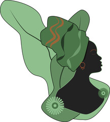 Girl vector illustration, flat style. Silhouette of African woman with leaves on background.