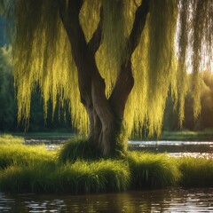 Willow Tree in the Middle of a Pond - obrazy, fototapety, plakaty
