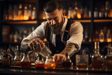 Bartender in Bar Smiling and Preparing Cocktail Drinks. Close-up of Handsome Tattoo Bar Mixologist Standing and Making Cocktails in Restaurant.