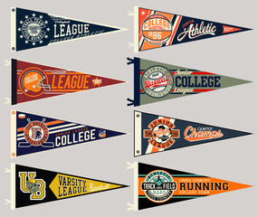 College athletic basketball football soccer baseball hockey volleyball vintage pennant flags vector collection for t shirt print or embroidery applique
