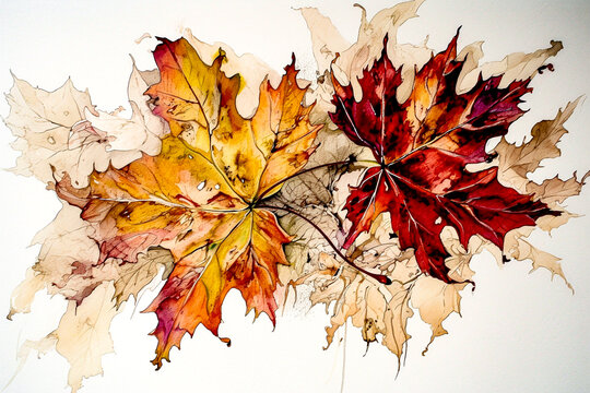Natures Brushstrokes Watercolor artwork with autumn leaves, an evocative and colorful background 3d illustration high quality