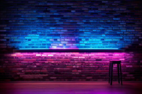 bar counter, brick wall illuminated with colored light 