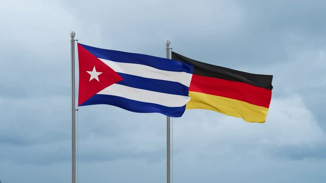Germany flag and Cuba flag waving together on cloudy sky, endless seamless loop, two country relations concept