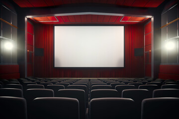 Elegant movie theater with blank empty white screen